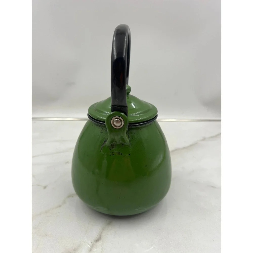Vintage Green Enamel Teapot Made in Poland Rustic Farmhouse Decor Kettle